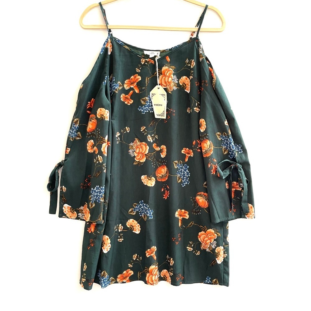 ENTRO green floral cold shoulder dress NWT